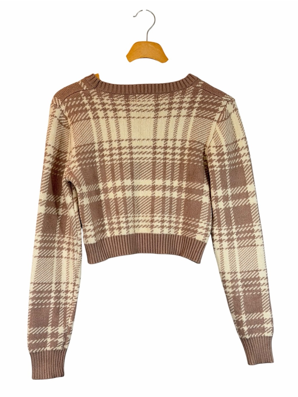 Altar'd State Cropped Cream and Tan Plaid Knit Sweater Size XS Light Academia - Picture 2 of 6